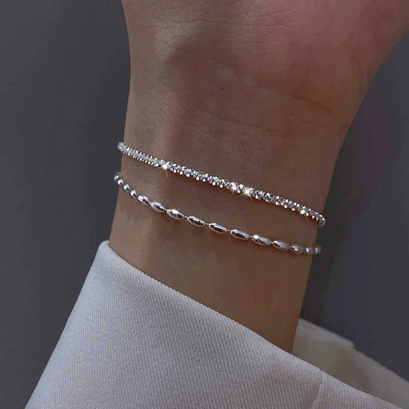 925 Sterling Silver Double Layer Beaded Bracelet