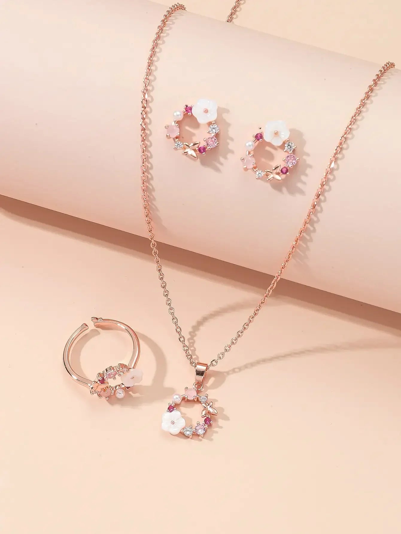4-Piece Rose Gold Flower Jewelry Set