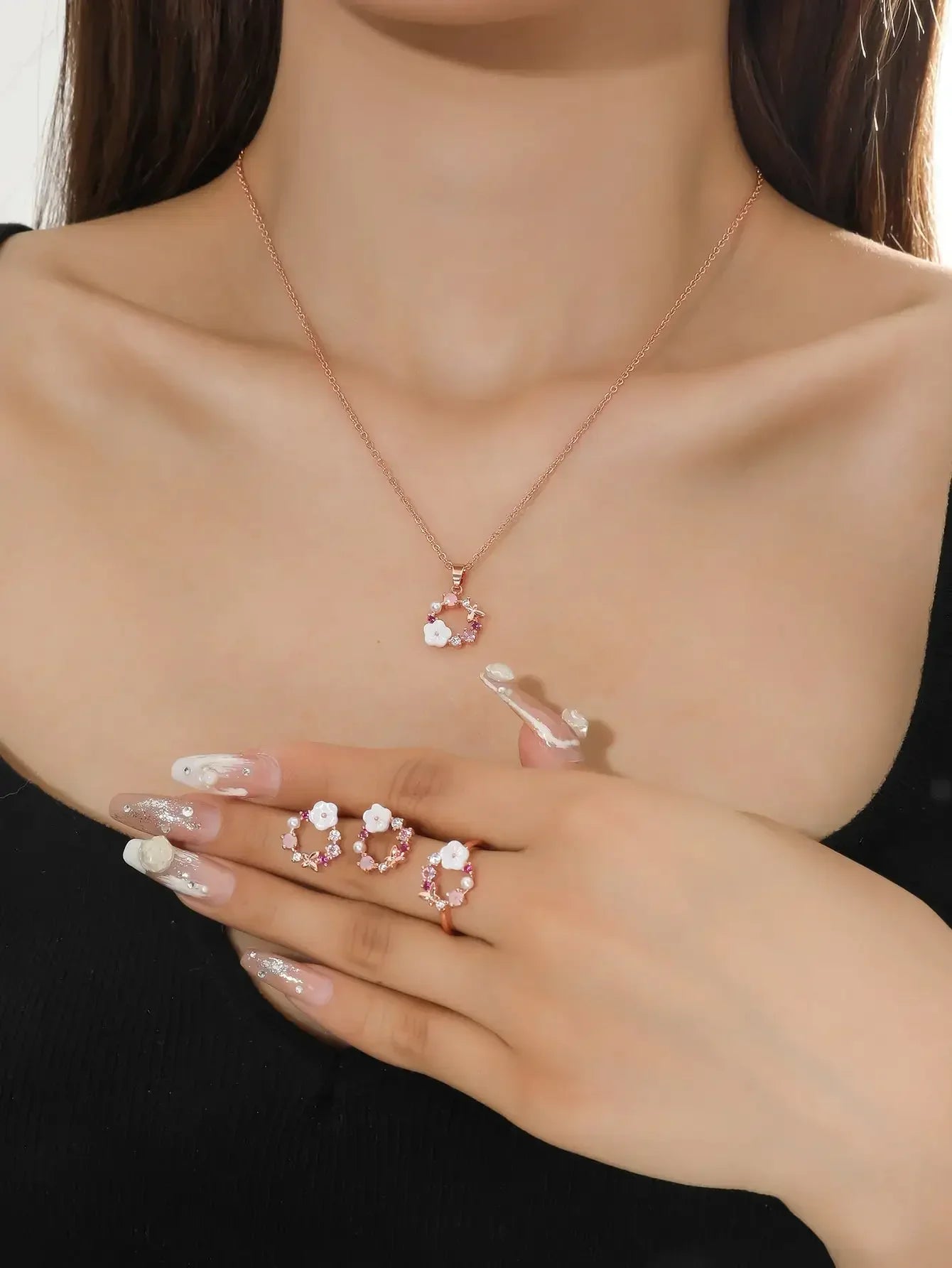 4-Piece Rose Gold Flower Jewelry Set