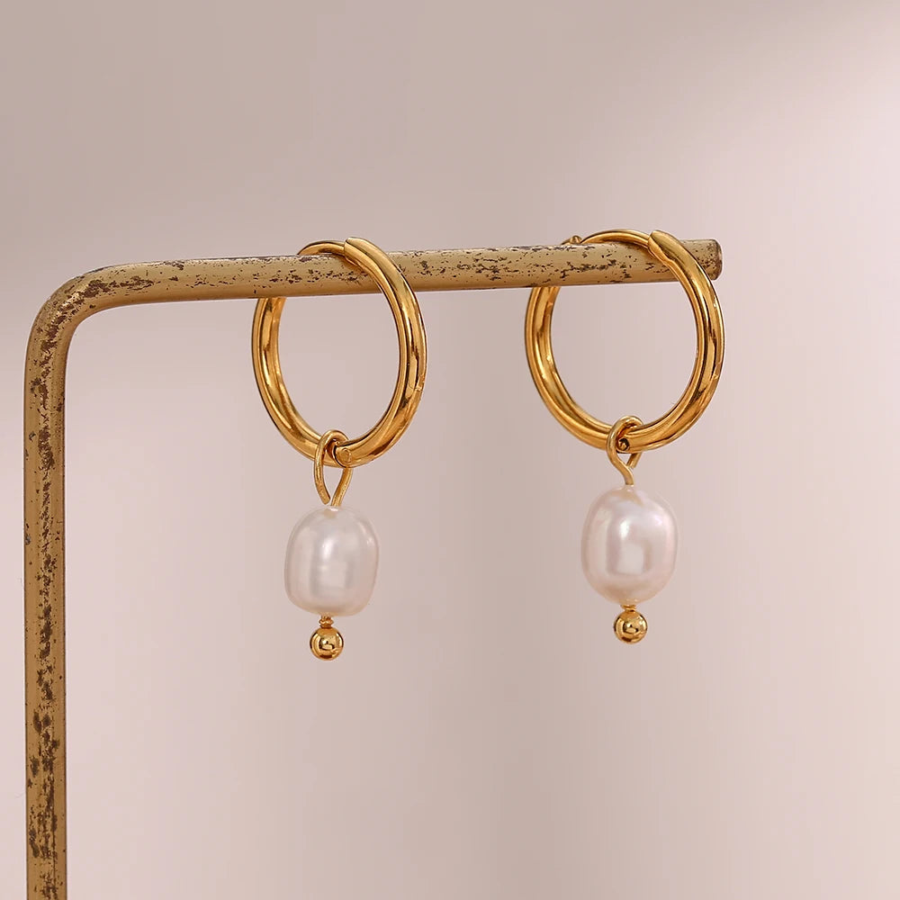 Classic Minimalist Freshwater Pearl Drop Hoop Earrings
