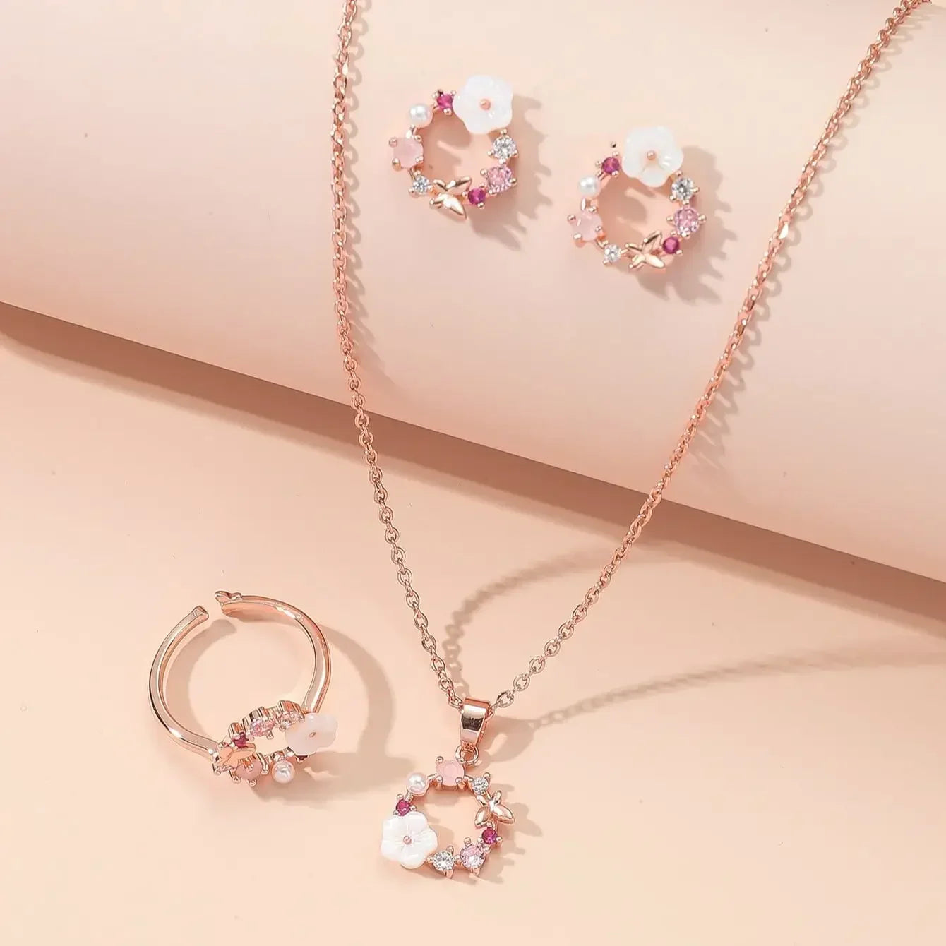 4-Piece Rose Gold Flower Jewelry Set