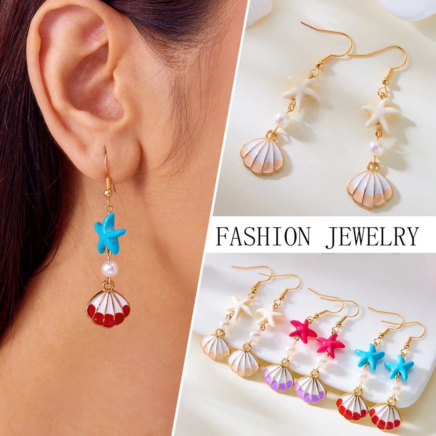 Minimalist Starfish, Pearl & Shell Drop Earrings