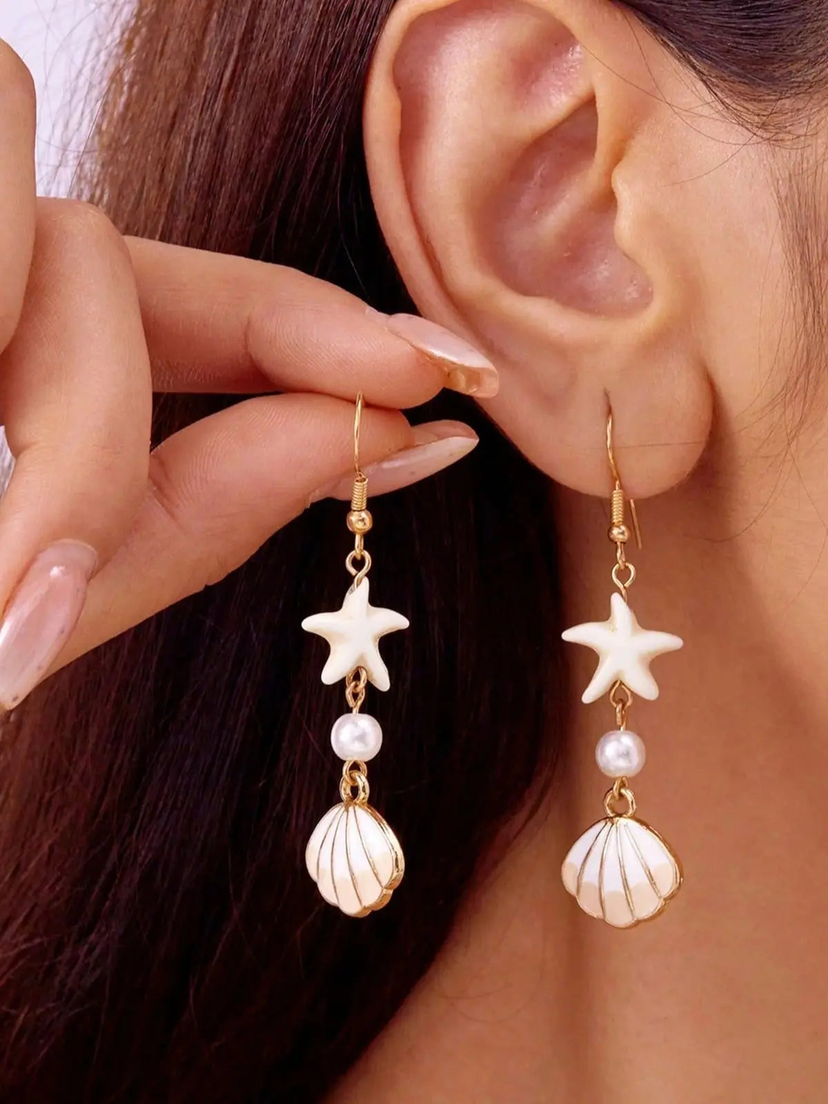 Minimalist Starfish, Pearl & Shell Drop Earrings