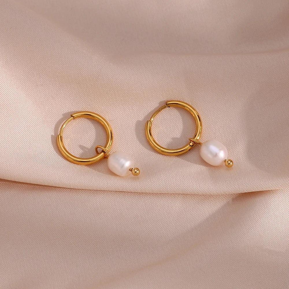 Classic Minimalist Freshwater Pearl Drop Hoop Earrings