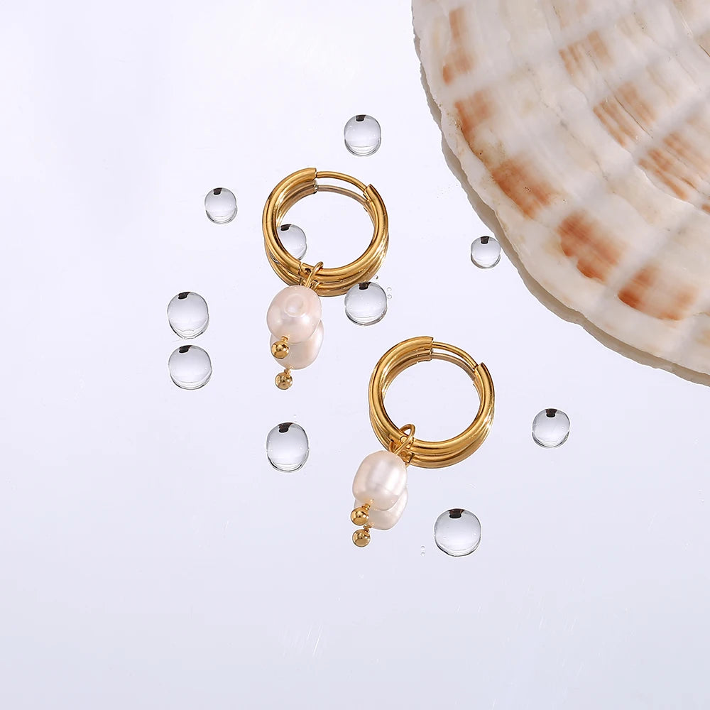 Classic Minimalist Freshwater Pearl Drop Hoop Earrings