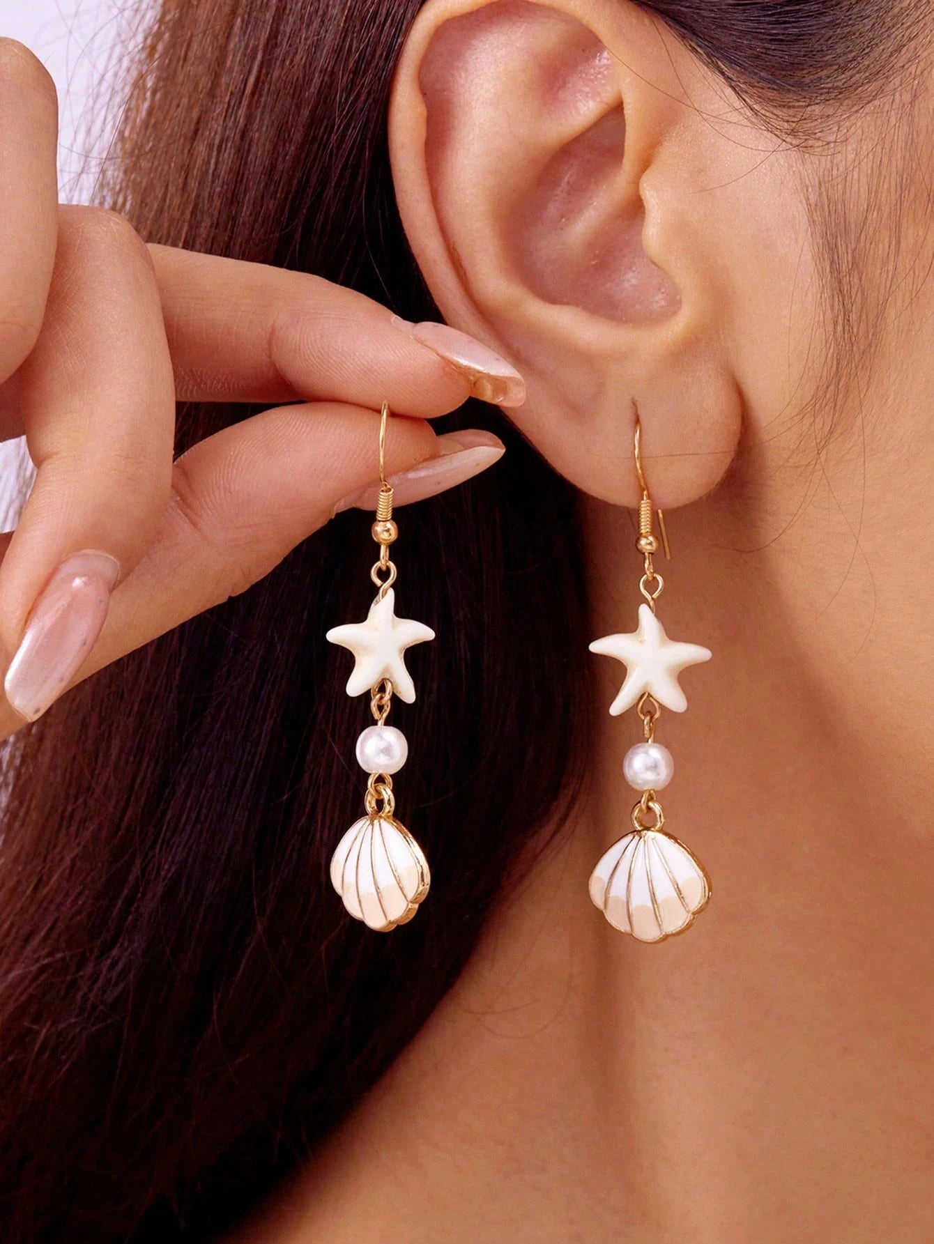 Minimalist Starfish, Pearl & Shell Drop Earrings