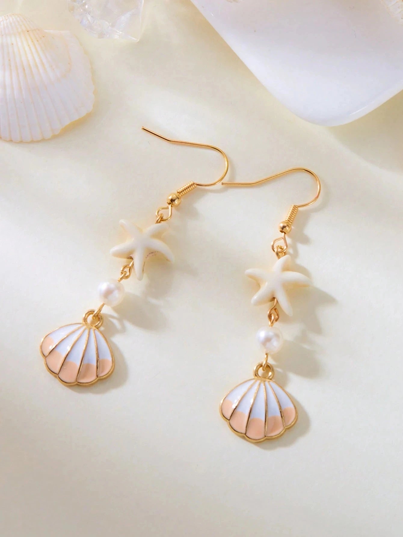 Minimalist Starfish, Pearl & Shell Drop Earrings