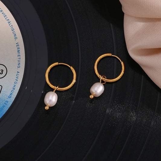 Classic Minimalist Freshwater Pearl Drop Hoop Earrings
