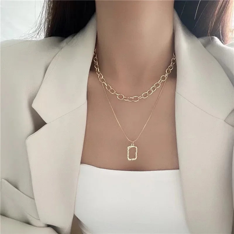 Double-Layer Geometric Square Necklace